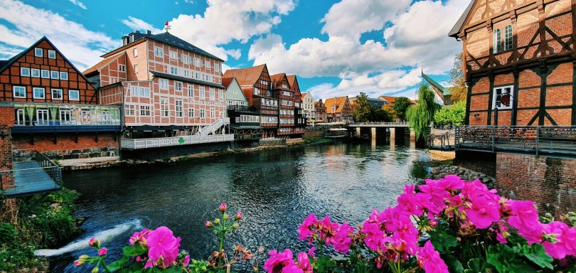 Farbefulle Blüten im Vordergrund vor einer malerischen Stadt am Wasser.